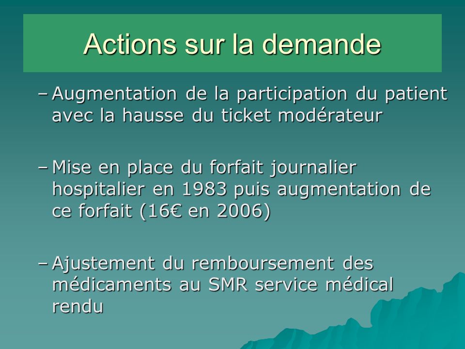 Actions sur la demande Augmentation de la participation du patient avec la hausse du ticket modérateur.