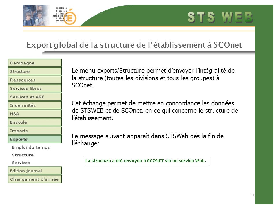 Export global de la structure de l’établissement à SCOnet