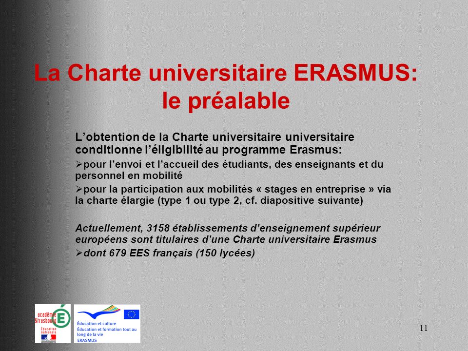 La Charte universitaire ERASMUS: le préalable