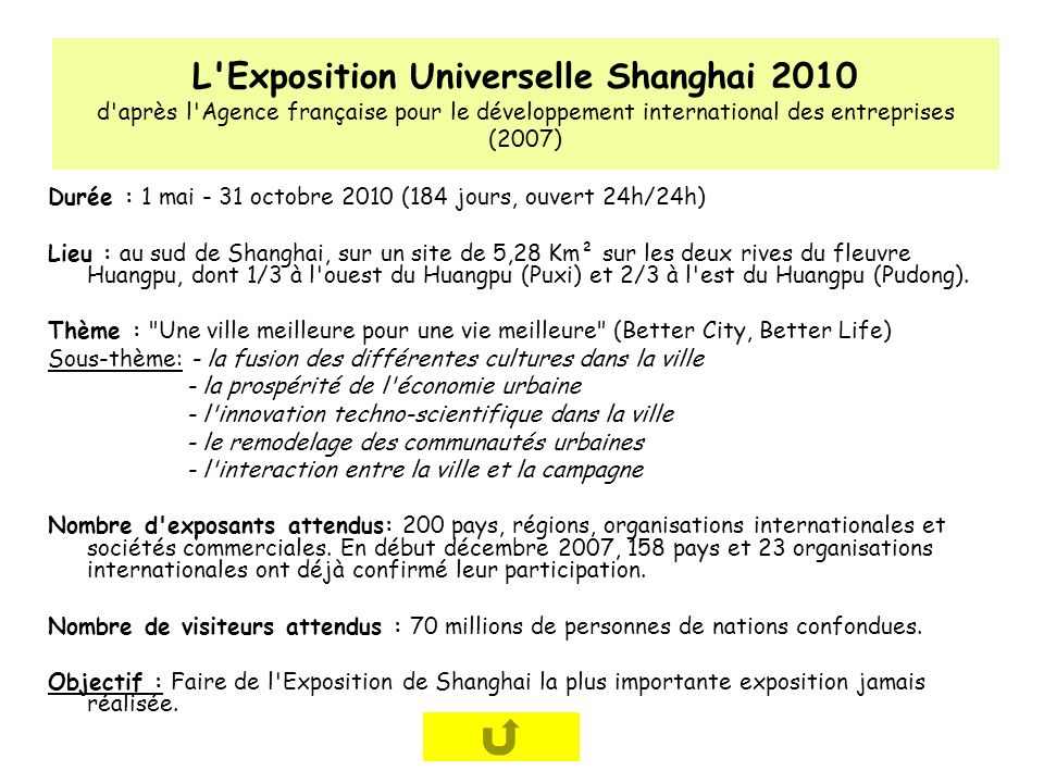L Exposition Universelle Shanghai 2010 d après l Agence française pour le développement international des entreprises (2007)