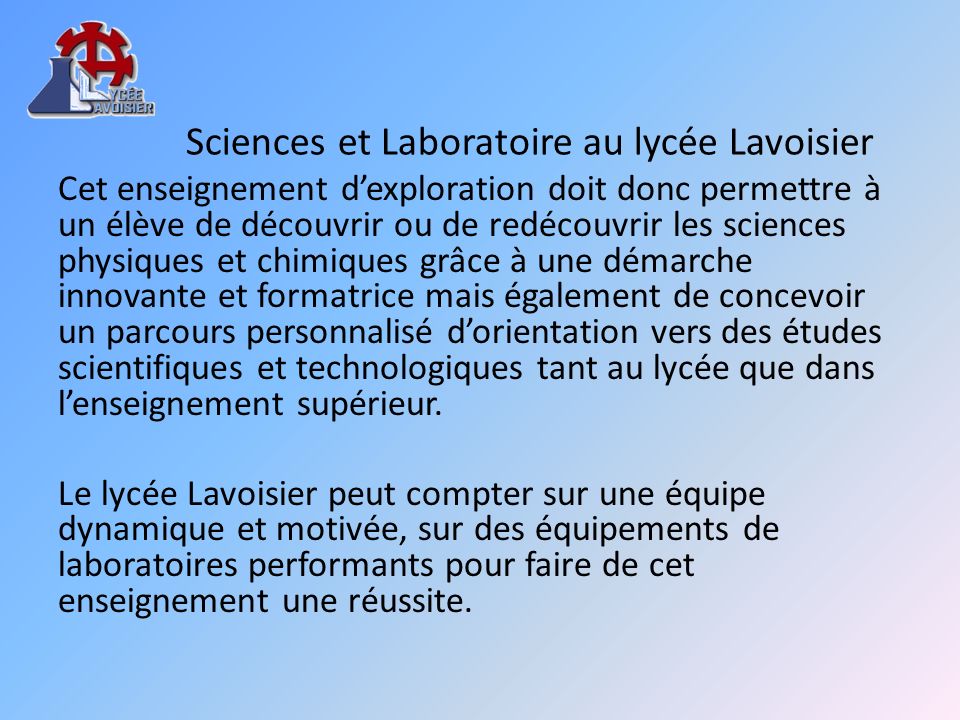 Sciences et Laboratoire au lycée Lavoisier