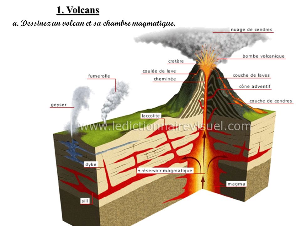 1. Volcans a. Dessinez un volcan et sa chambre magmatique.