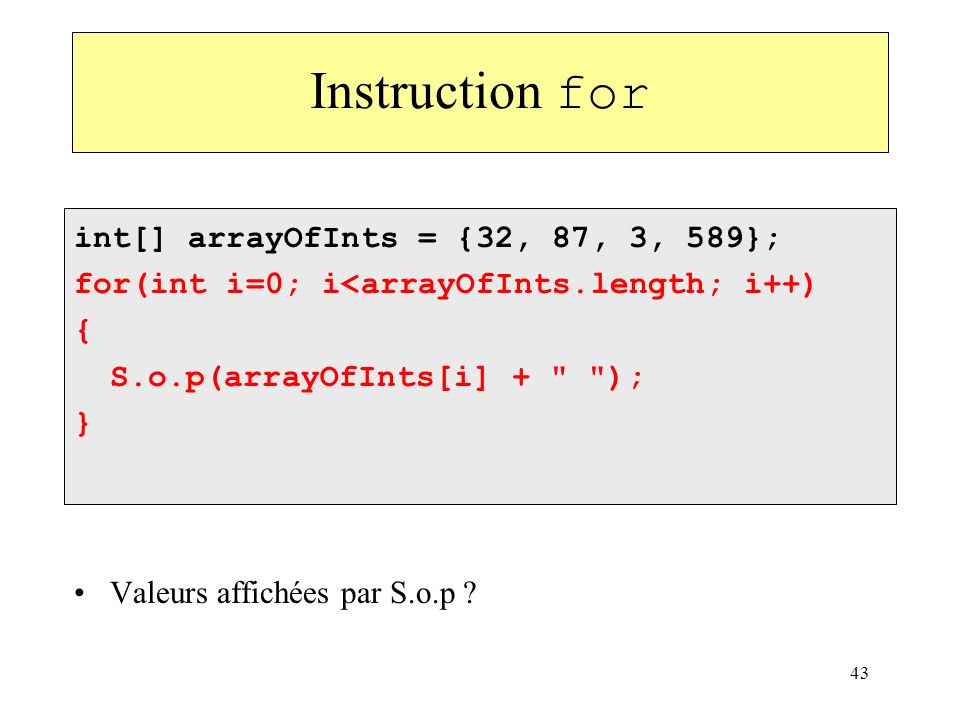 Instruction for int[] arrayOfInts = {32, 87, 3, 589};
