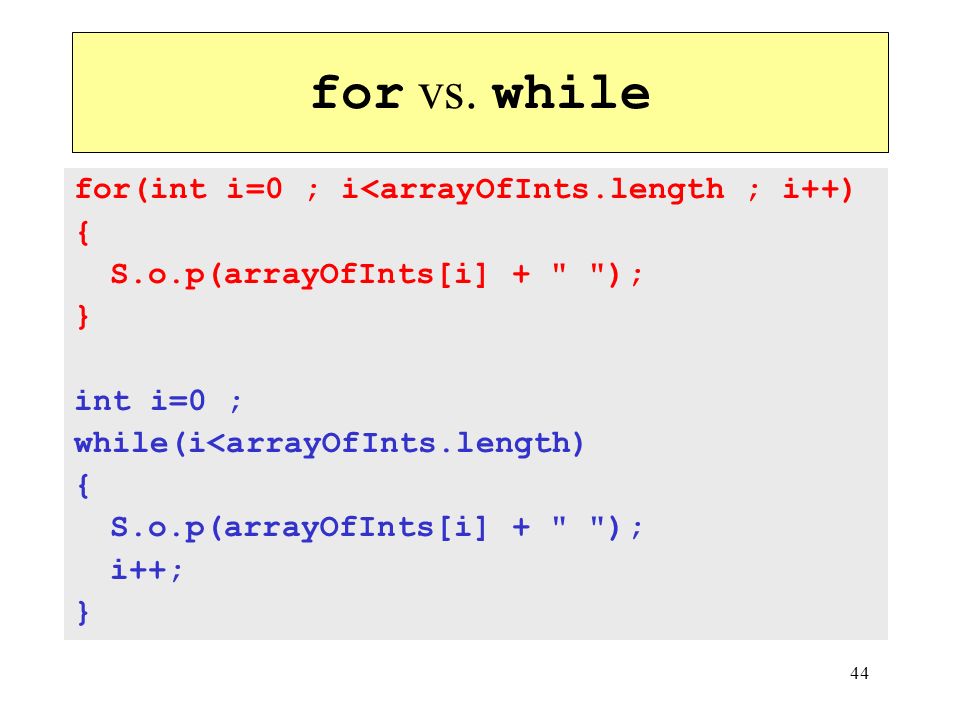 for vs. while for(int i=0 ; i<arrayOfInts.length ; i++) {