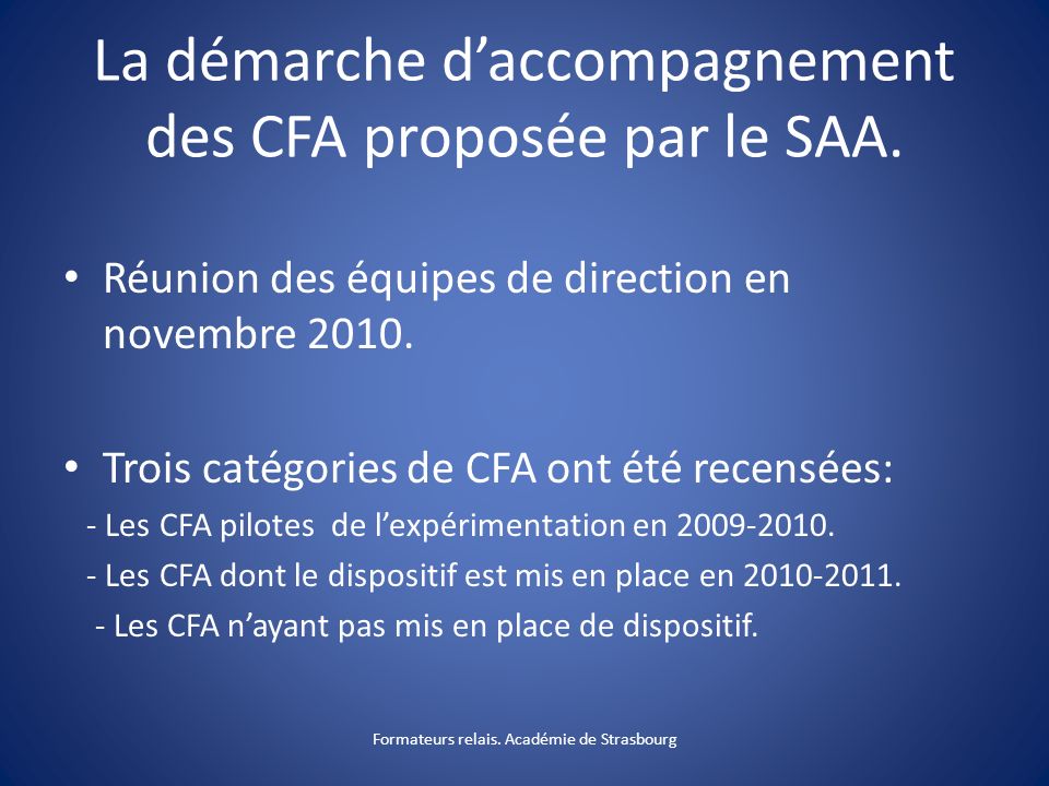 La démarche d’accompagnement des CFA proposée par le SAA.