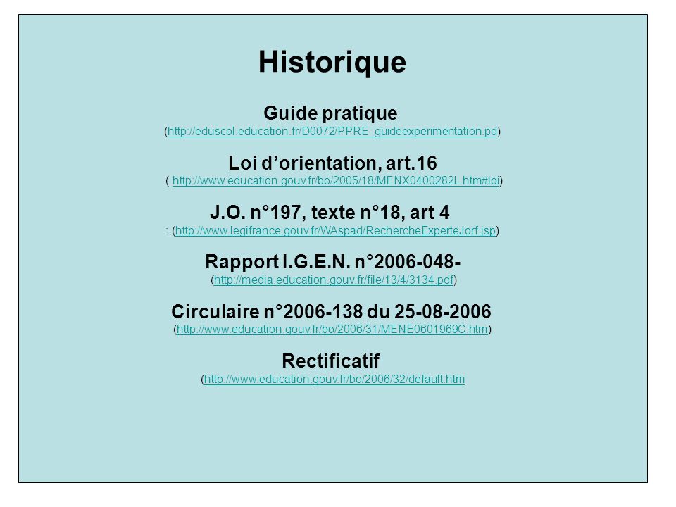 Historique Guide pratique Loi d’orientation, art.16