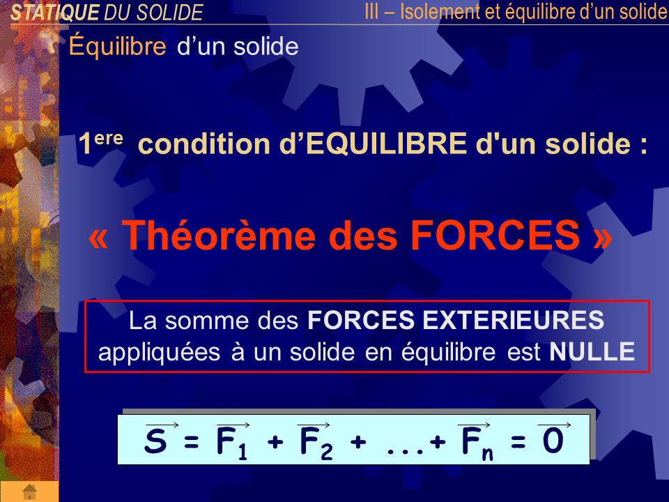« Théorème des FORCES » S = F1 + F Fn = 0