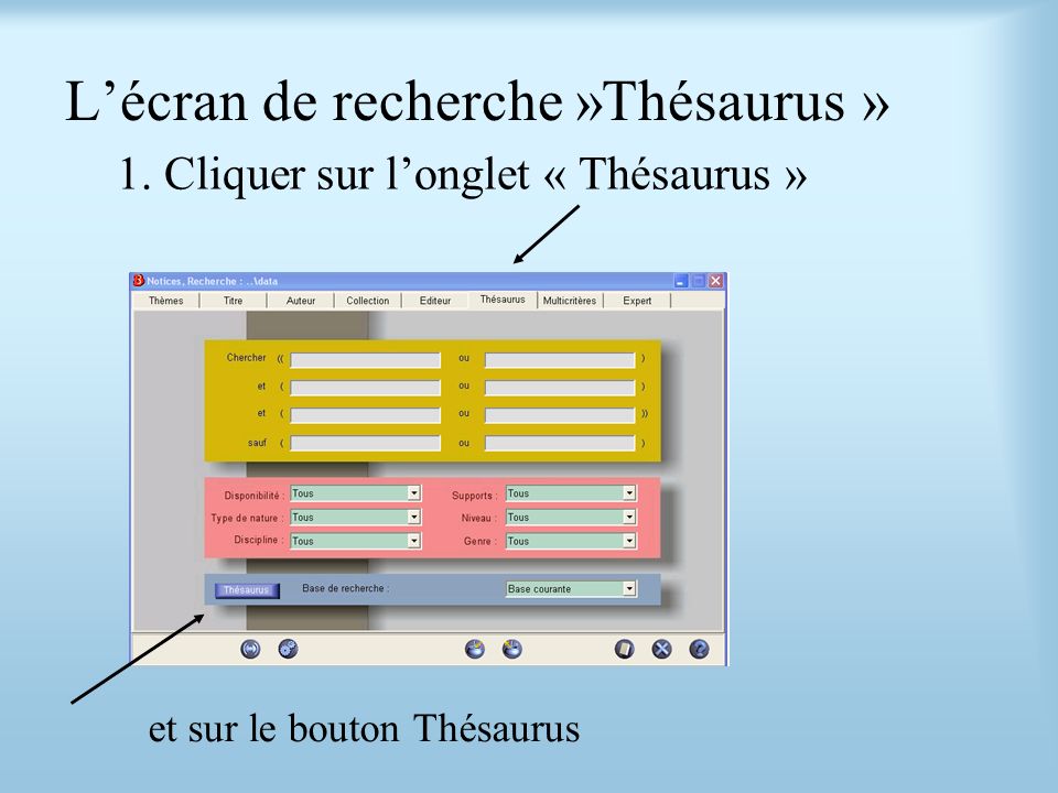 L’écran de recherche »Thésaurus »