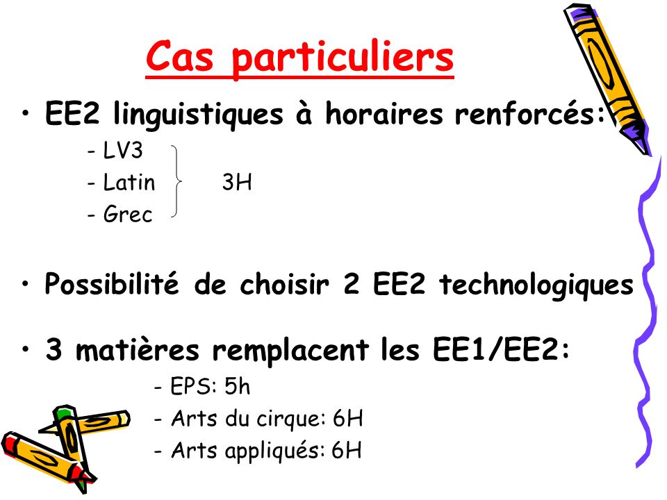 Cas particuliers EE2 linguistiques à horaires renforcés: