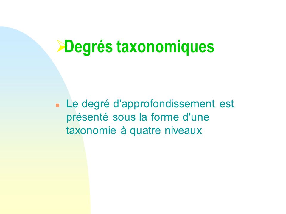 Degrés taxonomiques Le degré d approfondissement est présenté sous la forme d une taxonomie à quatre niveaux.