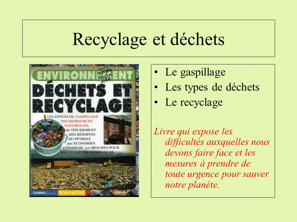 Recyclage et déchets Le gaspillage Les types de déchets Le recyclage