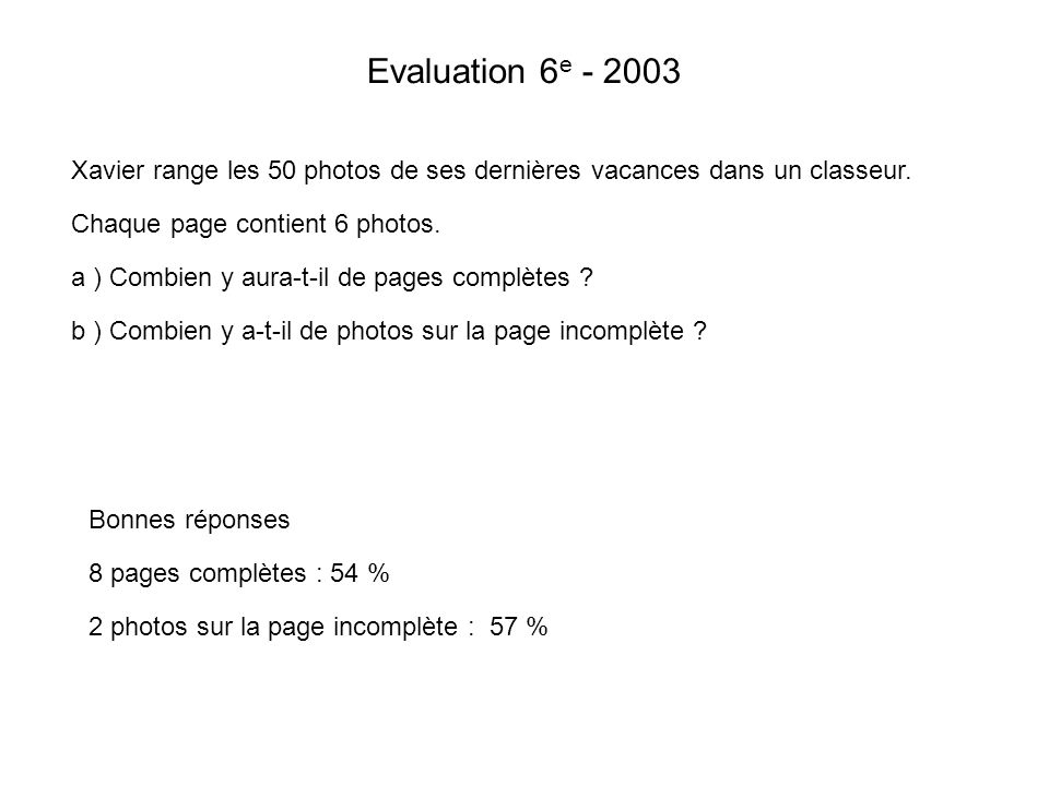Evaluation 6e Xavier range les 50 photos de ses dernières vacances dans un classeur. Chaque page contient 6 photos.