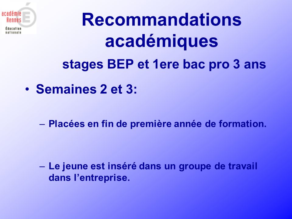 Recommandations académiques stages BEP et 1ere bac pro 3 ans