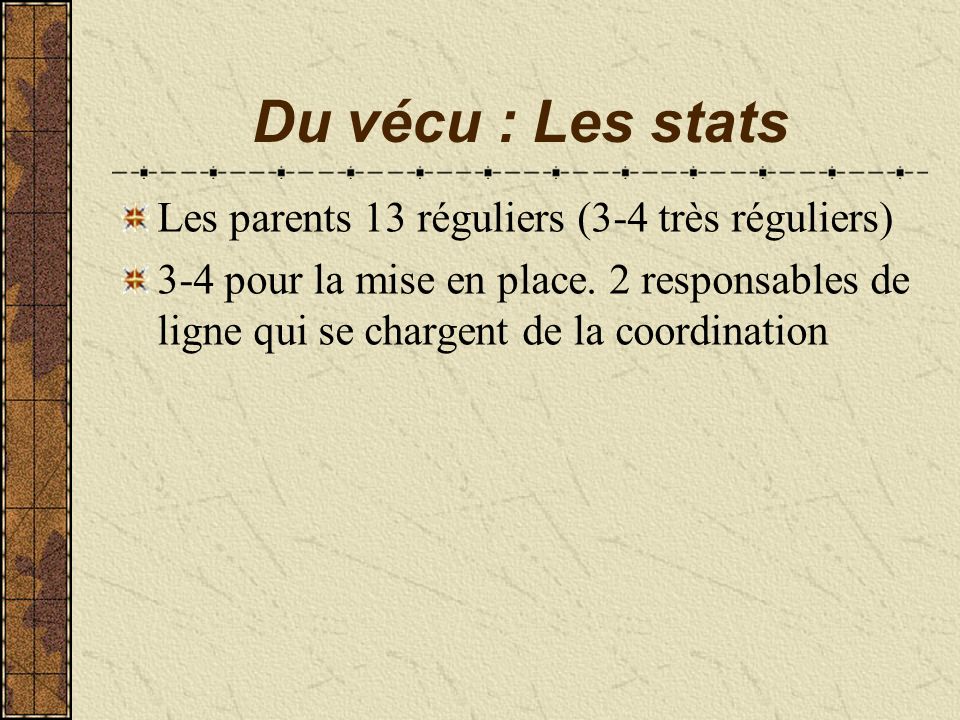 Du vécu : Les stats Les parents 13 réguliers (3-4 très réguliers)