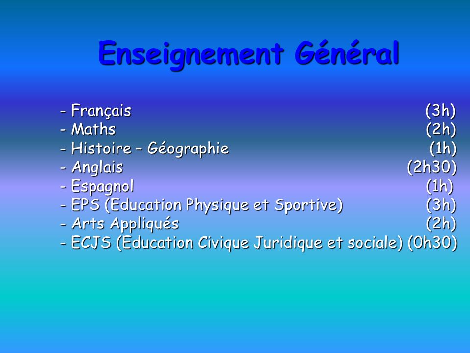 Enseignement Général - Français (3h) - Maths (2h)