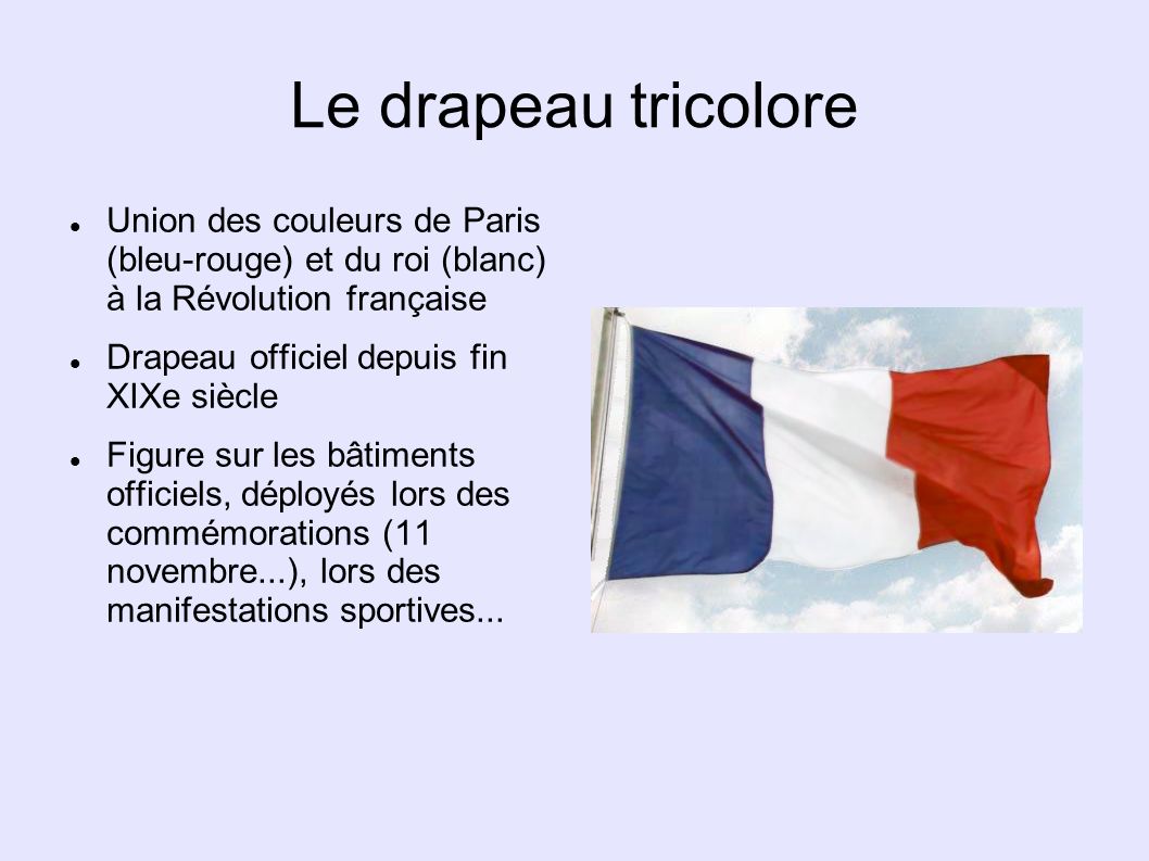 Le drapeau tricolore Union des couleurs de Paris (bleu-rouge) et du roi (blanc) à la Révolution française.