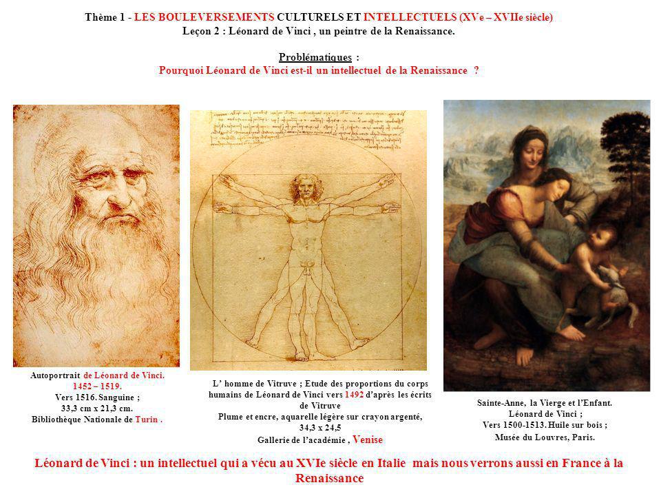 Thème 1 - LES BOULEVERSEMENTS CULTURELS ET INTELLECTUELS (XVe – XVIIe siècle) Leçon 2 : Léonard de Vinci , un peintre de la Renaissance. Problématiques : Pourquoi Léonard de Vinci est-il un intellectuel de la Renaissance