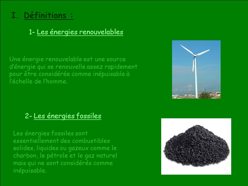 Définitions : 1- Les énergies renouvelables 2- Les énergies fossiles