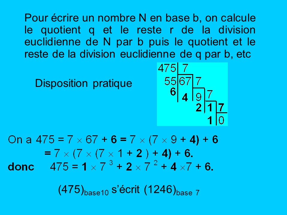 Pour écrire un nombre N en base b, on calcule le quotient q et le reste r de la division euclidienne de N par b puis le quotient et le reste de la division euclidienne de q par b, etc