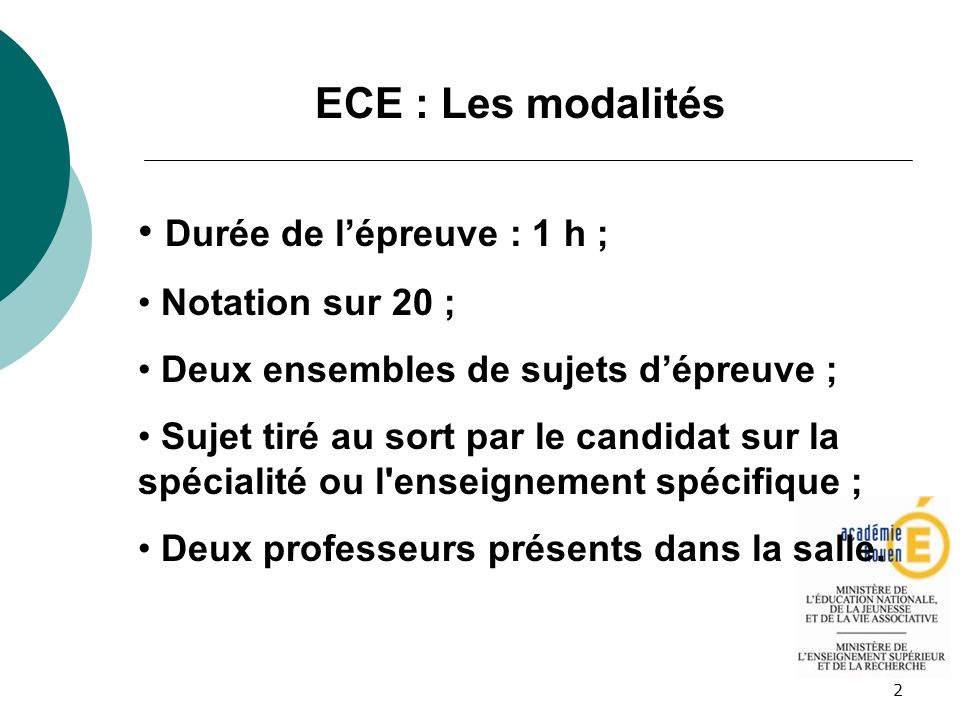 ECE : Les modalités Durée de l’épreuve : 1 h ; Notation sur 20 ;