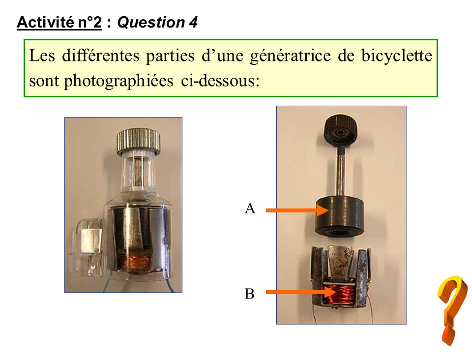 Activité n°2 : Question 4 Les différentes parties d’une génératrice de bicyclette sont photographiées ci-dessous: