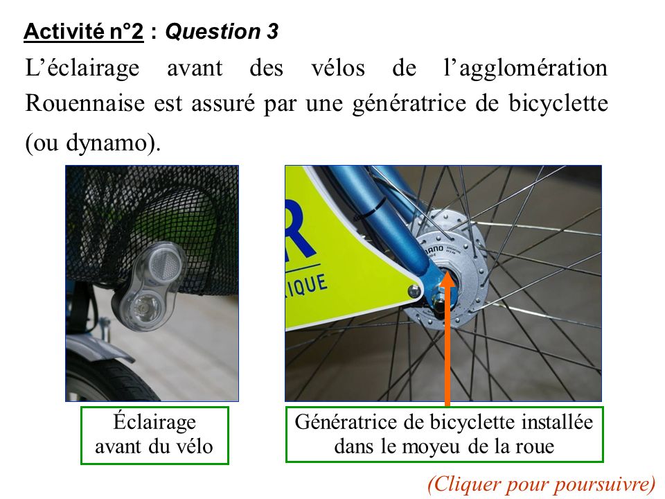 Activité n°2 : Question 3 L’éclairage avant des vélos de l’agglomération Rouennaise est assuré par une génératrice de bicyclette (ou dynamo).