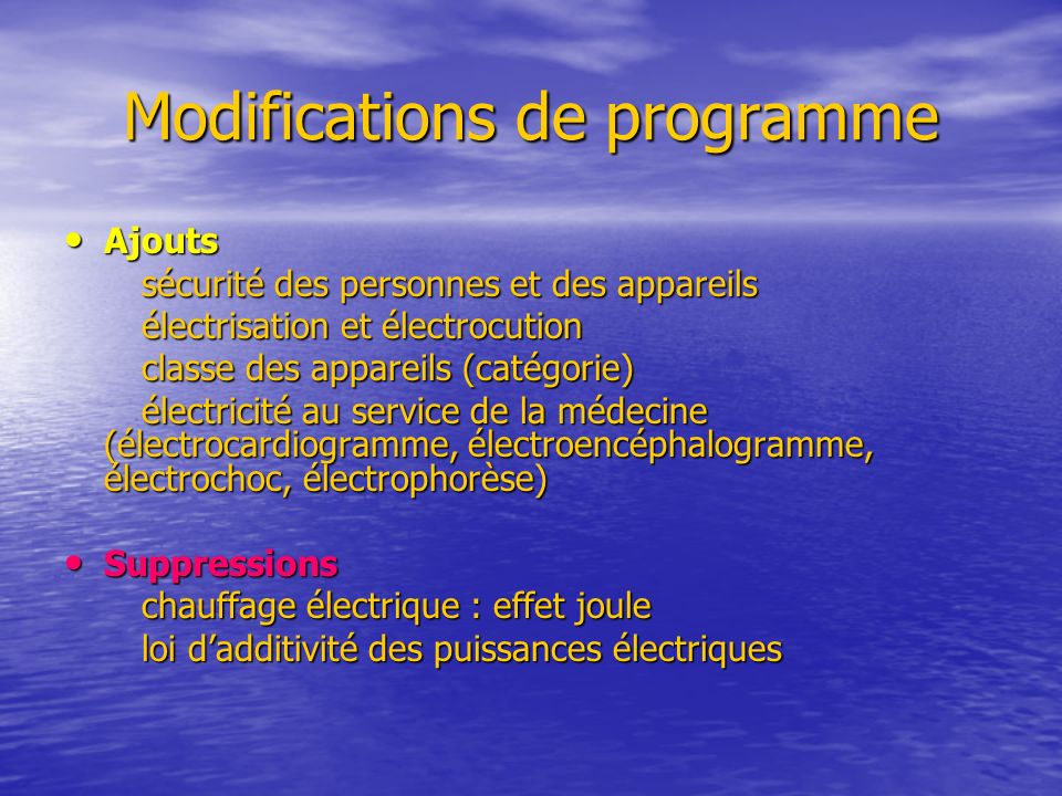 Modifications de programme