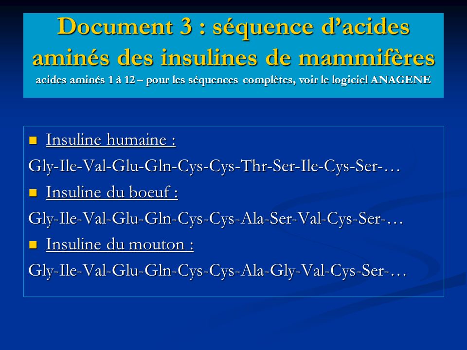 Document 3 : séquence d’acides aminés des insulines de mammifères acides aminés 1 à 12 – pour les séquences complètes, voir le logiciel ANAGENE
