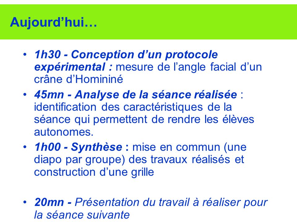 Aujourd’hui… 1h30 - Conception d’un protocole expérimental : mesure de l’angle facial d’un crâne d’Homininé.