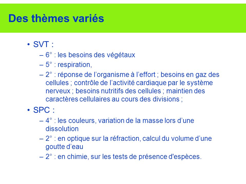 Des thèmes variés SVT : SPC : 6° : les besoins des végétaux