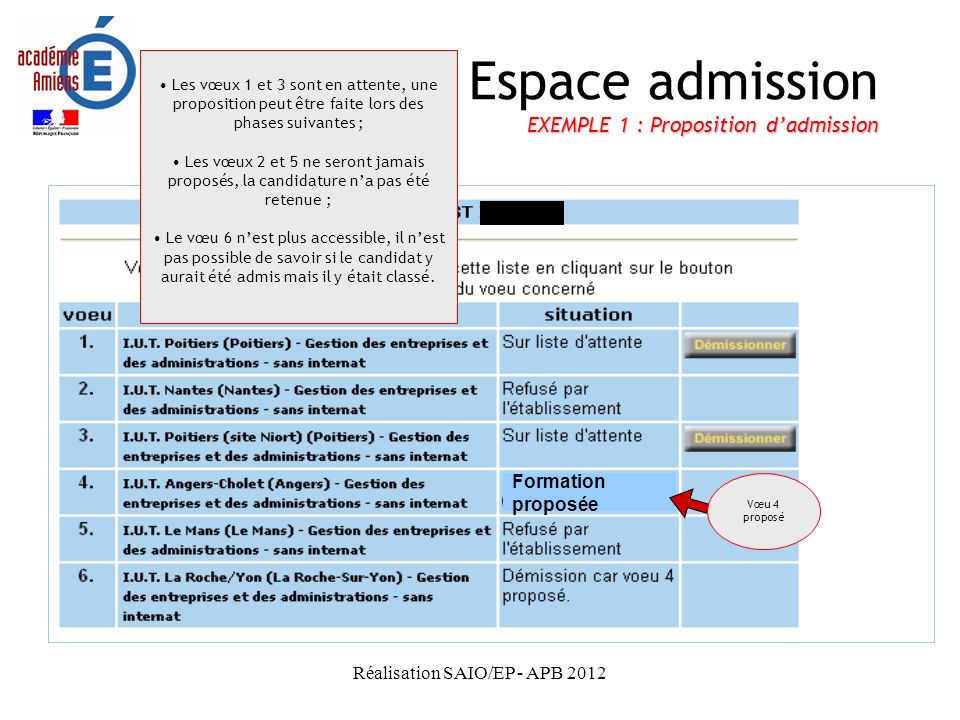 Espace admission EXEMPLE 1 : Proposition d’admission