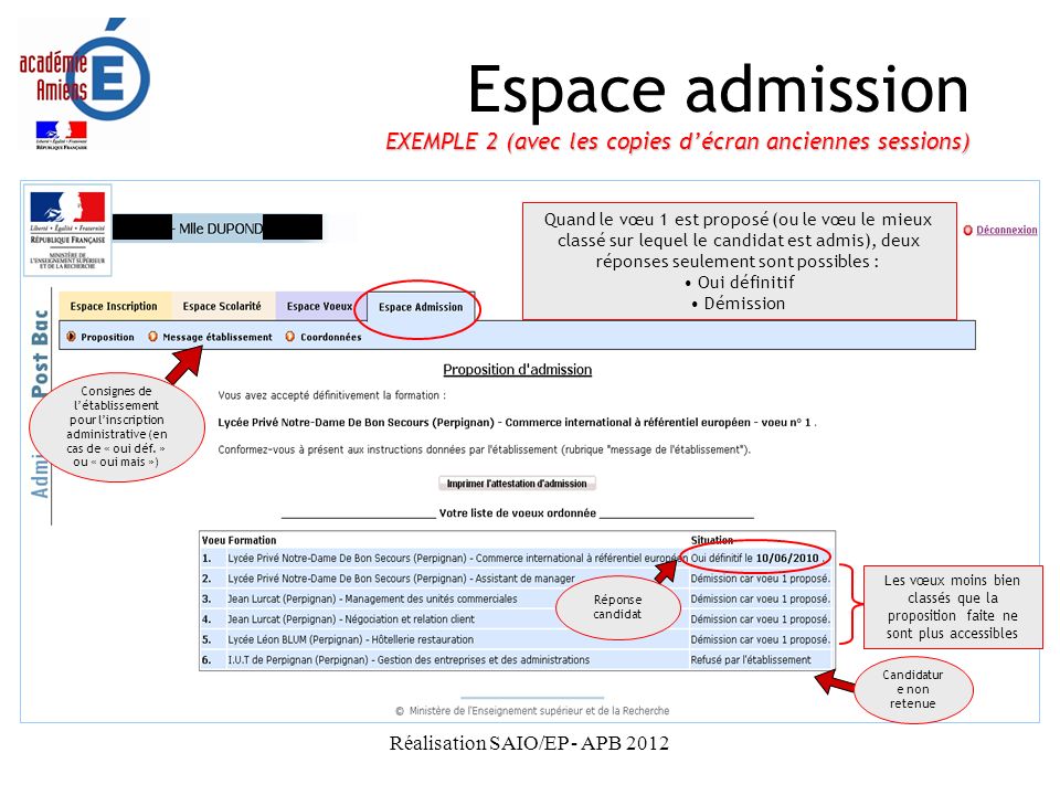 Espace admission EXEMPLE 2 (avec les copies d’écran anciennes sessions)