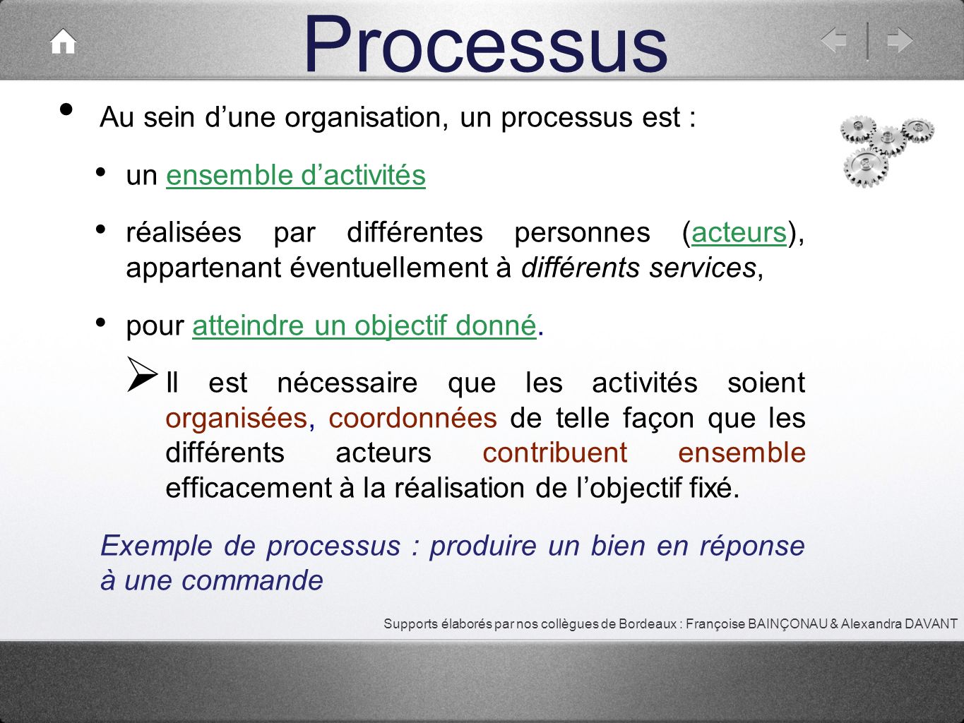 Processus Au sein d’une organisation, un processus est :