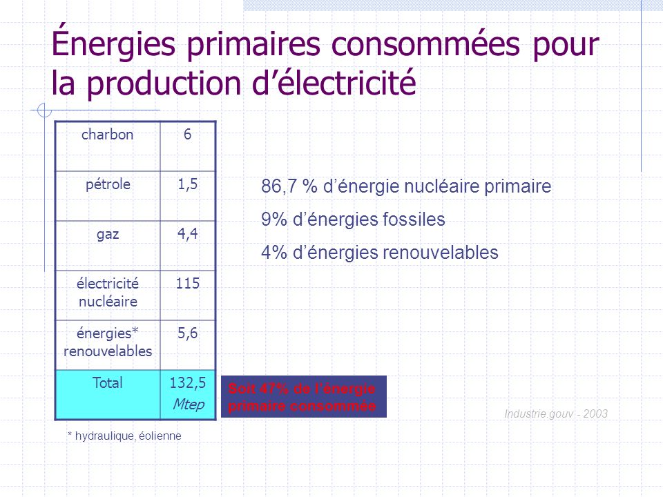 Énergies primaires consommées pour la production d’électricité