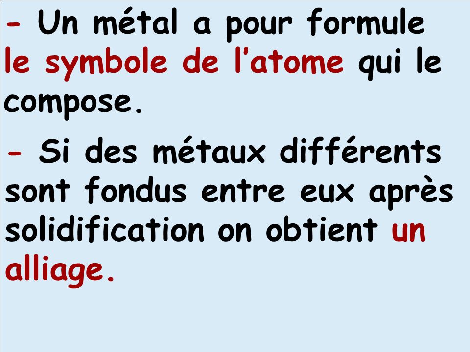 - Un métal a pour formule le symbole de l’atome qui le compose.
