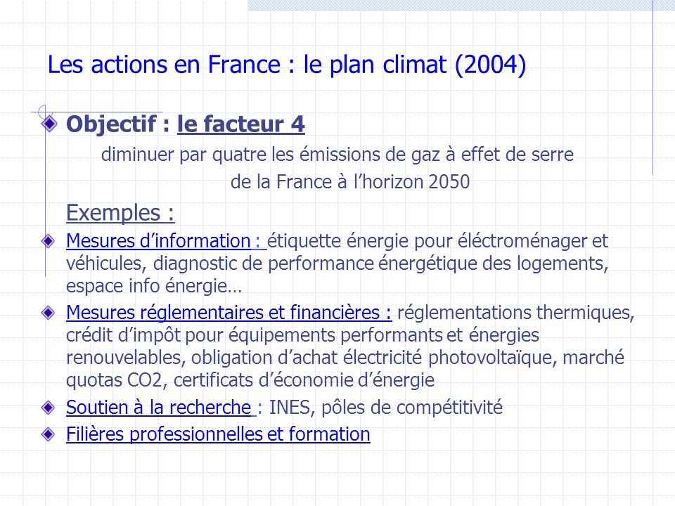 Les actions en France : le plan climat (2004)