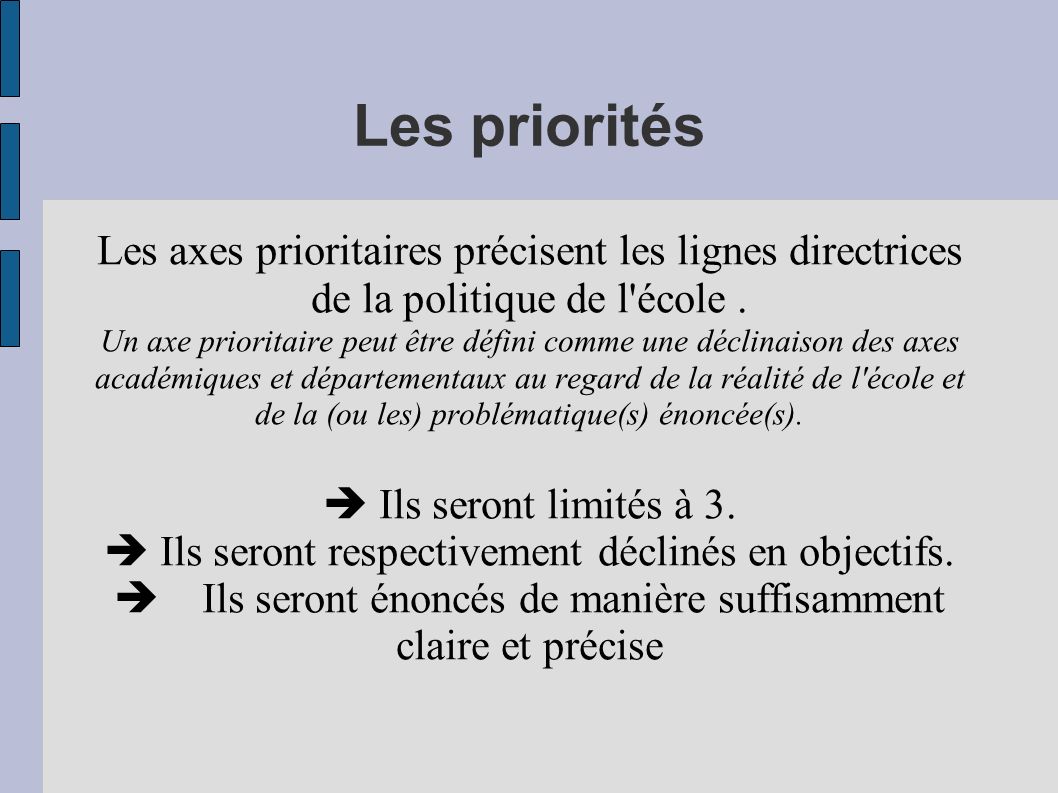 Les priorités Les axes prioritaires précisent les lignes directrices de la politique de l école .