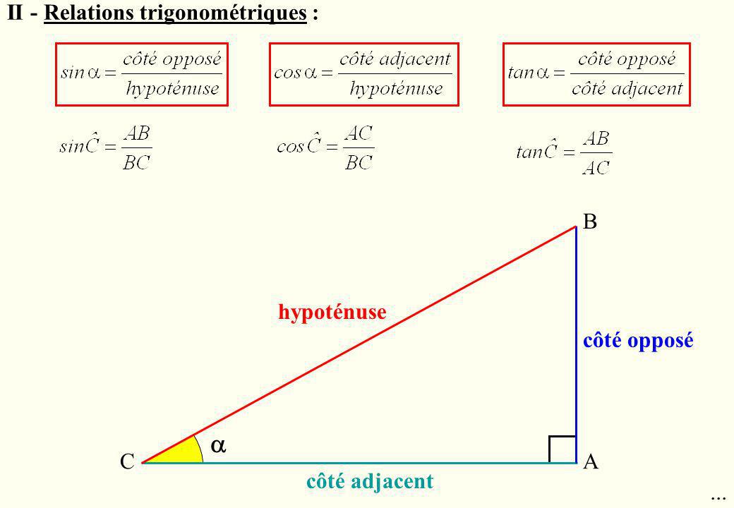  II - Relations trigonométriques : B hypoténuse côté opposé C A