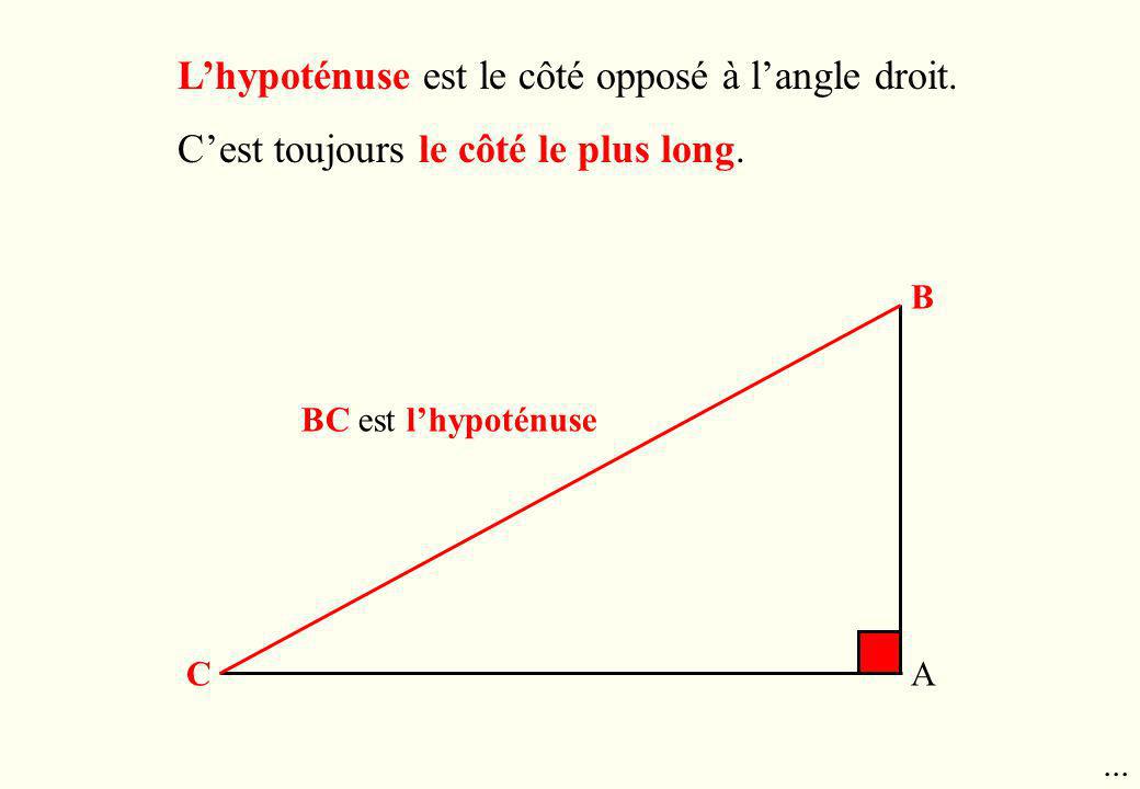 L’hypoténuse est le côté opposé à l’angle droit.