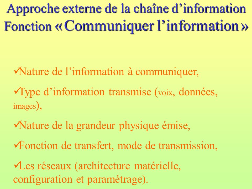 Approche externe de la chaîne d’information Fonction « Communiquer l’information »