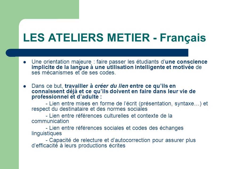 LES ATELIERS METIER - Français