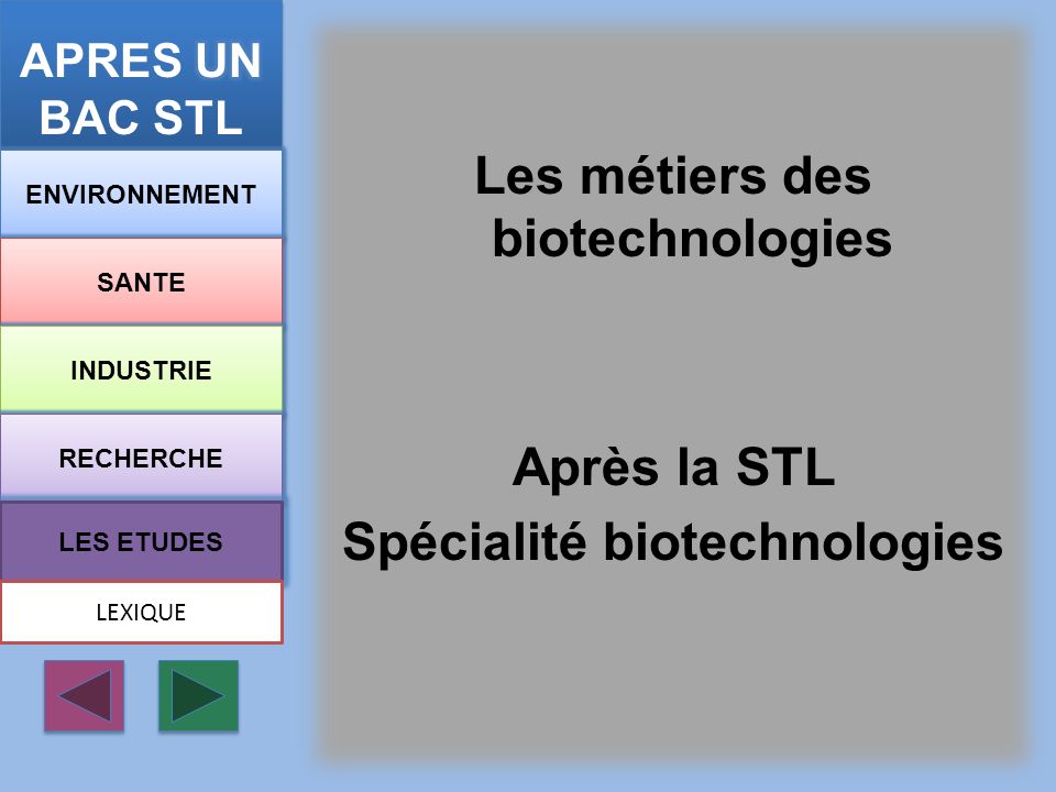 APRES UN BAC STL Les métiers des biotechnologies Après la STL Spécialité biotechnologies ENVIRONNEMENT.