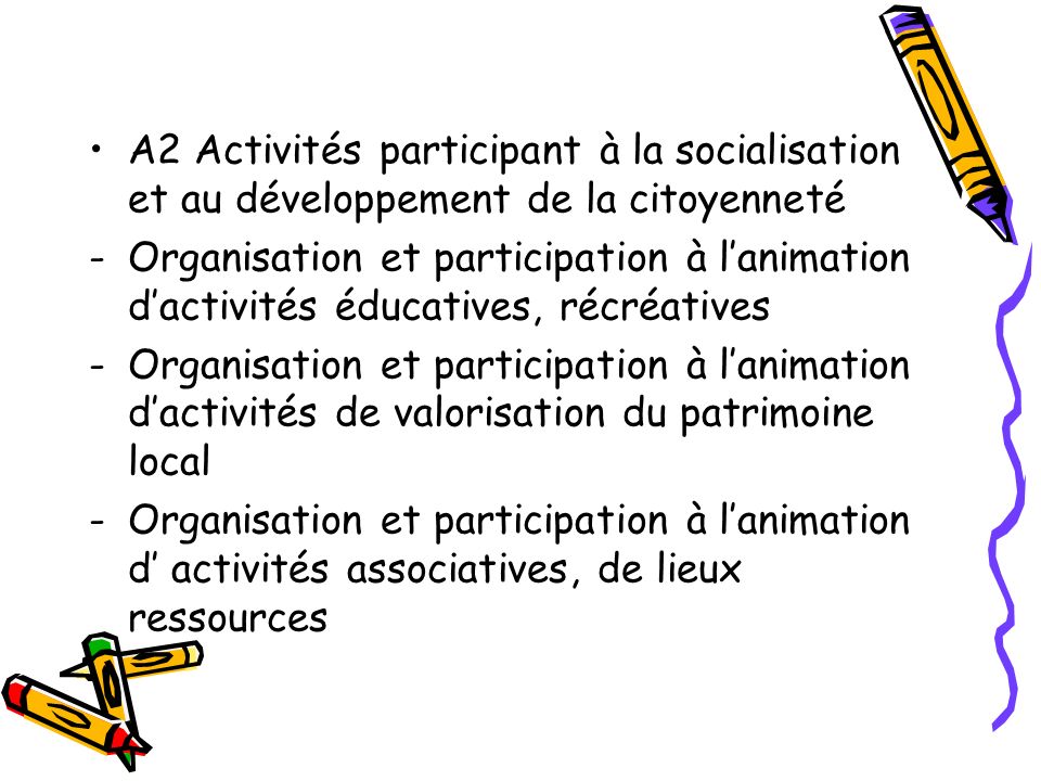 A2 Activités participant à la socialisation et au développement de la citoyenneté
