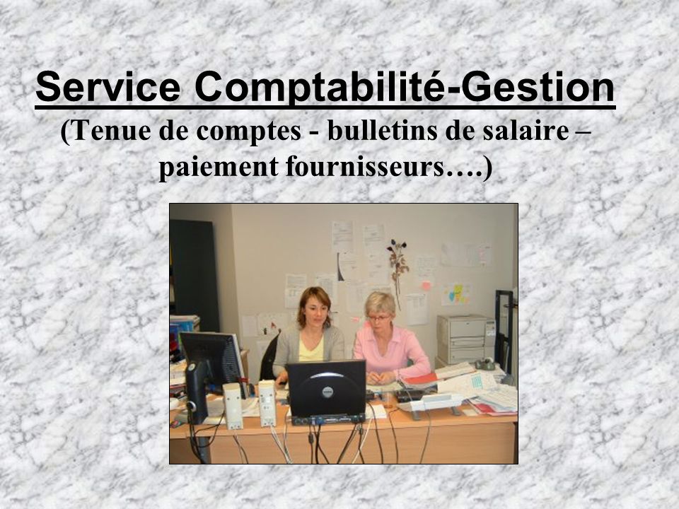 Service Comptabilité-Gestion (Tenue de comptes - bulletins de salaire – paiement fournisseurs….)