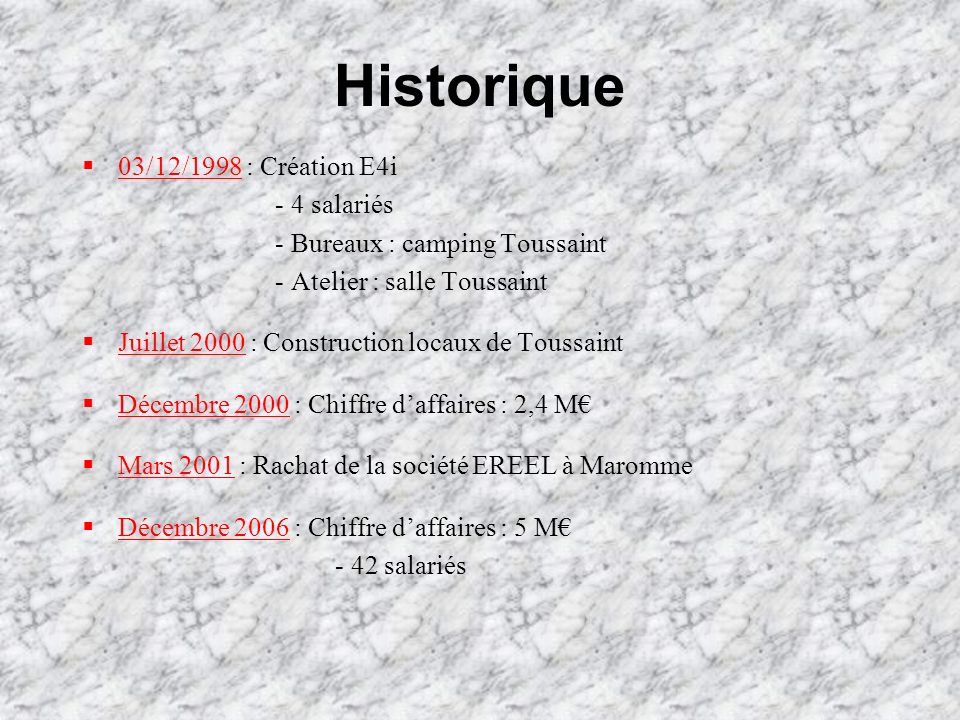 Historique 03/12/1998 : Création E4i - 4 salariés