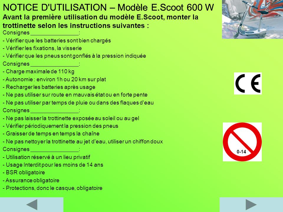 NOTICE D UTILISATION – Modèle E.Scoot 600 W