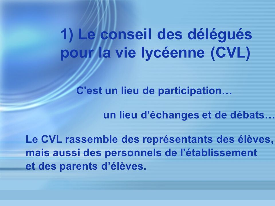 1) Le conseil des délégués pour la vie lycéenne (CVL)