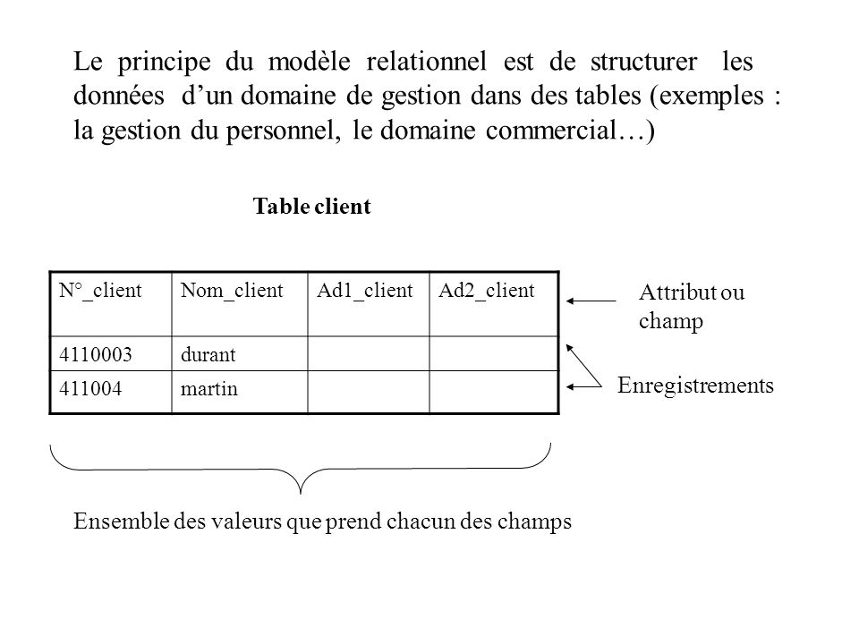 Le principe du modèle relationnel est de structurer les données d’un domaine de gestion dans des tables (exemples : la gestion du personnel, le domaine commercial…)
