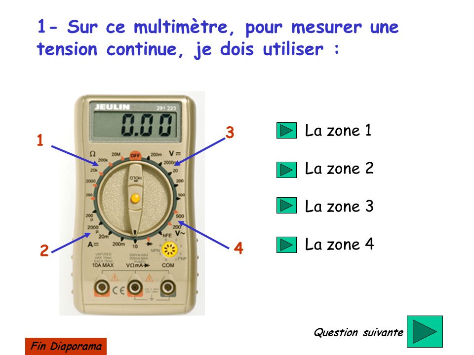 1- Sur ce multimètre, pour mesurer une tension continue, je dois utiliser :