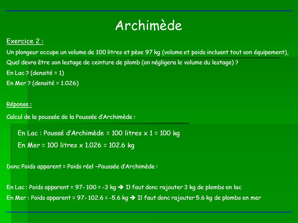 Archimède En Lac : Poussé d’Archimède = 100 litres x 1 = 100 kg